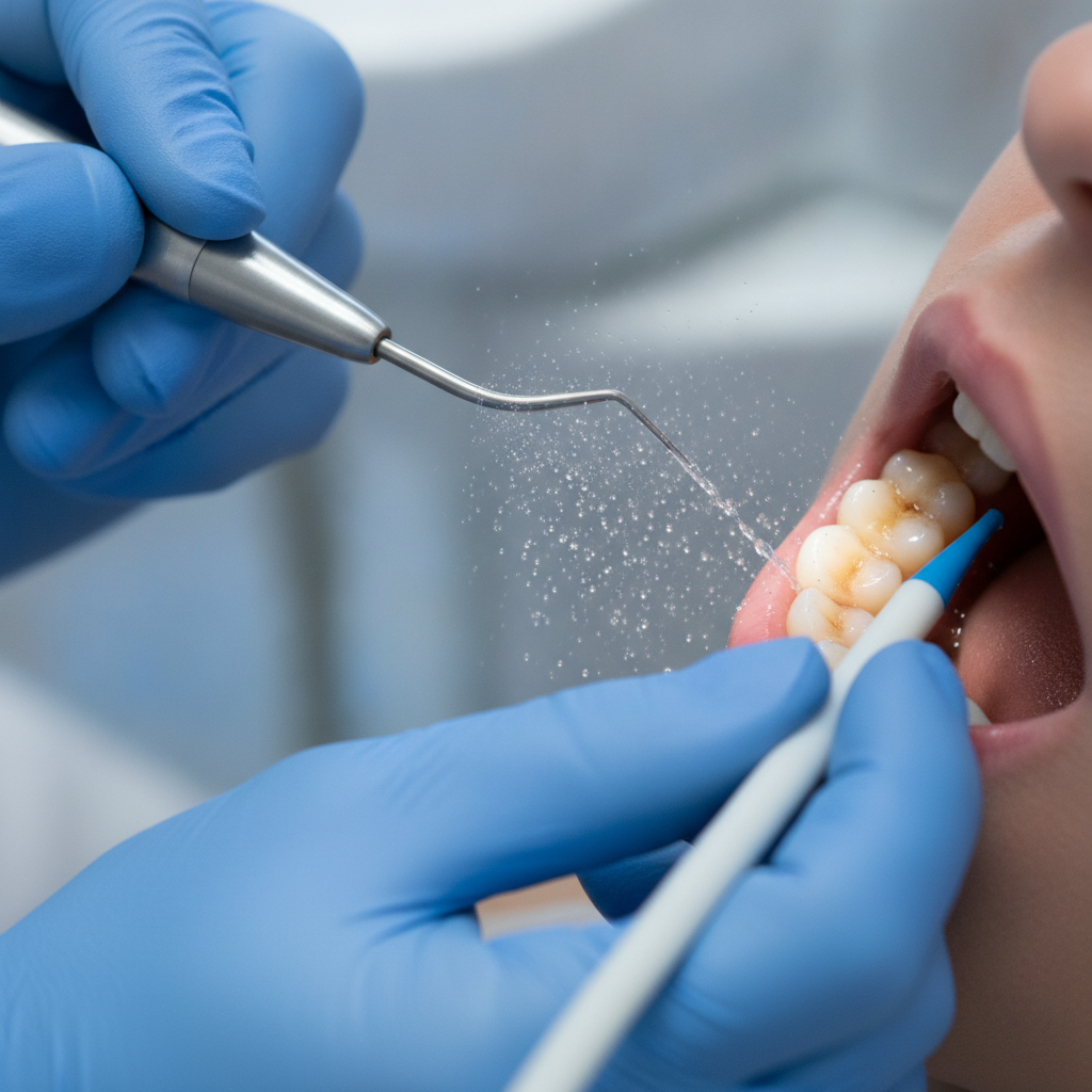 Close-up ultrasonic scaler during professional teeth cleaning in Scarborough, showing what influences teeth cleaning cost and visit time