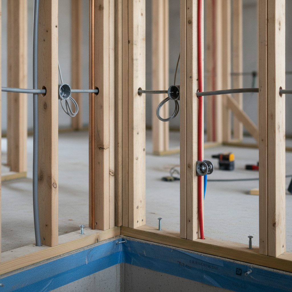 Close‑up of duplex framing with vapor barrier and rough‑in, showing coordinated services in a duplex build