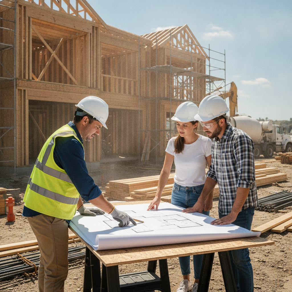Construction manager reviewing duplex floor plans with clients on site, coordinating trades and sequencing