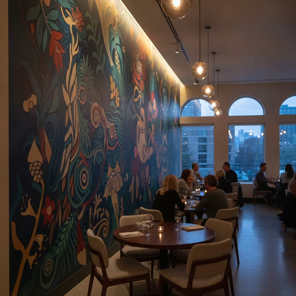 Finished restaurant feature wall mural in a contemporary dining room, showing rich color and a seamless direct-to-wall finish in evening light