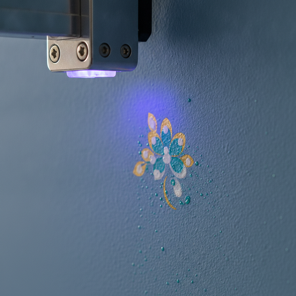 Close-up of UV print head curing ink directly on a prepared interior wall, showing crisp 4K mural detail and paint-like finish