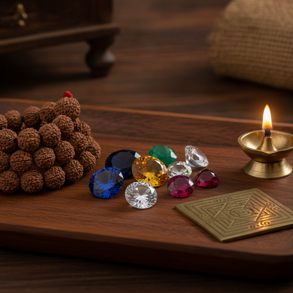 Vedic astrology remedies in Brampton: gemstones, Rudraksha, yantra, and diya arranged for consultation planning