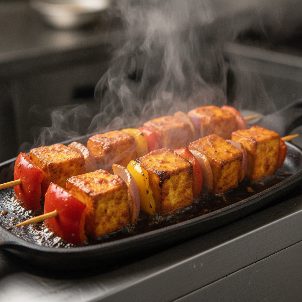 Paneer shashlik sizzler platter, steam rising, ideal for shareable group dining in Cherry Hill