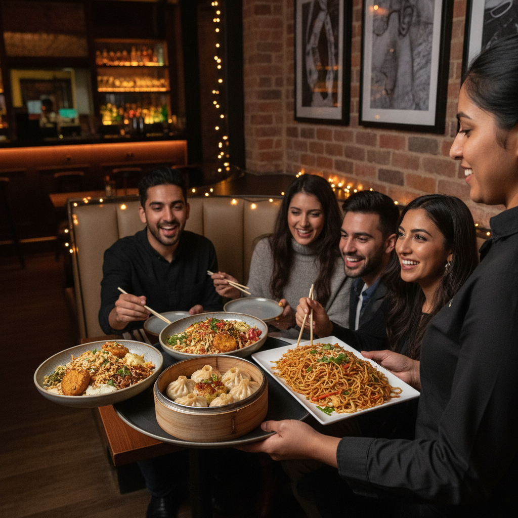 Server presenting chaat, momos, and noodles to a small group in a semi‑private booth at an Indian fusion restaurant in Hamilton