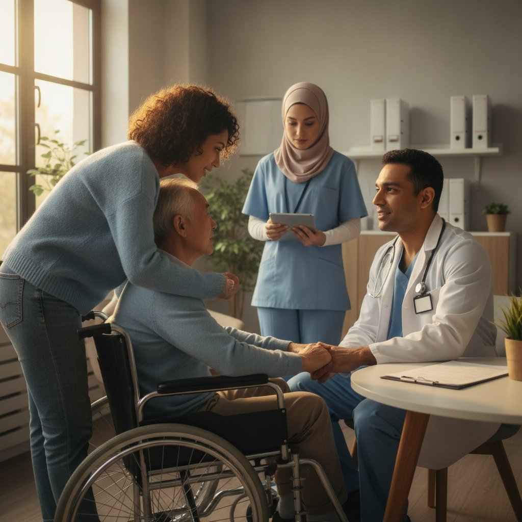 Family caregiver meeting a doctor to use a valid medical power of attorney in a hospital consultation room in the GTA