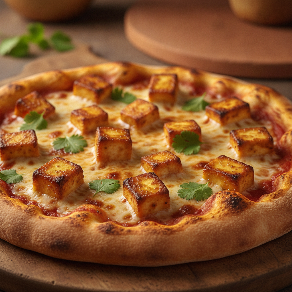 Close-up of paneer on a freshly baked fusion pizza, showing charred blisters and bright sauce from an Italian food restaurant in Kemptville