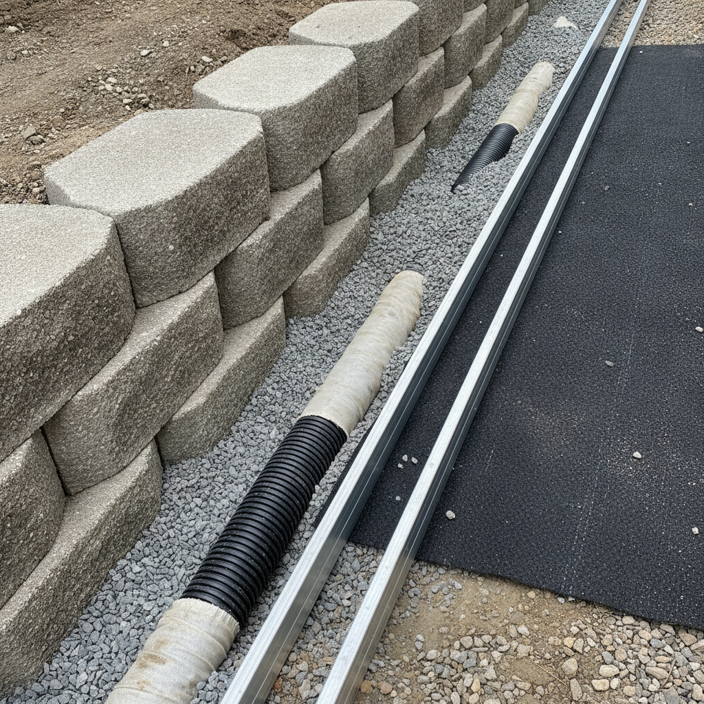 Close-up of drainage base prep for backyard slope correction in Mississauga: geotextile, gravel base, and perforated pipe with sock