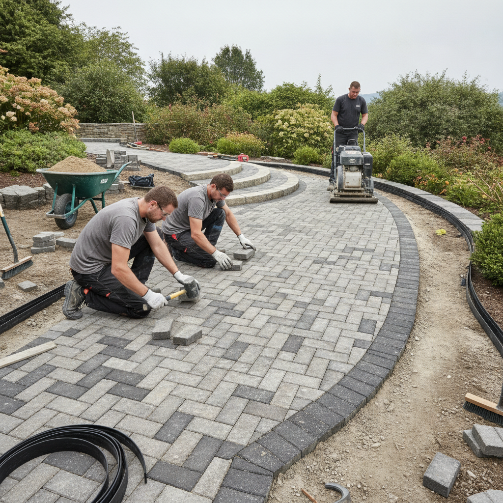 Installers stepping an interlocking walkway on a slope in Mississauga with edge restraints and polymeric sand