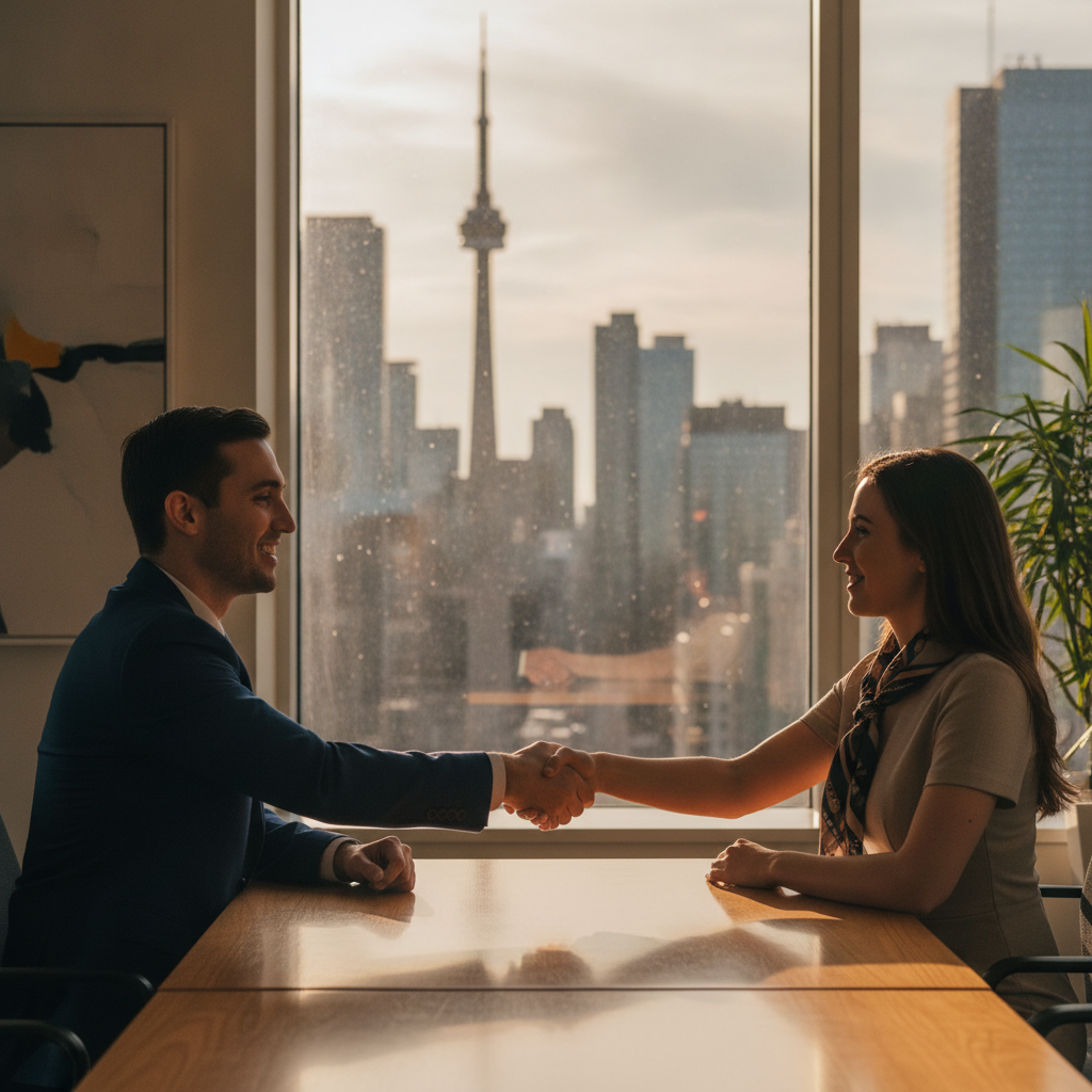 Consultant and business owner agreeing on a Toronto MERX registration support plan