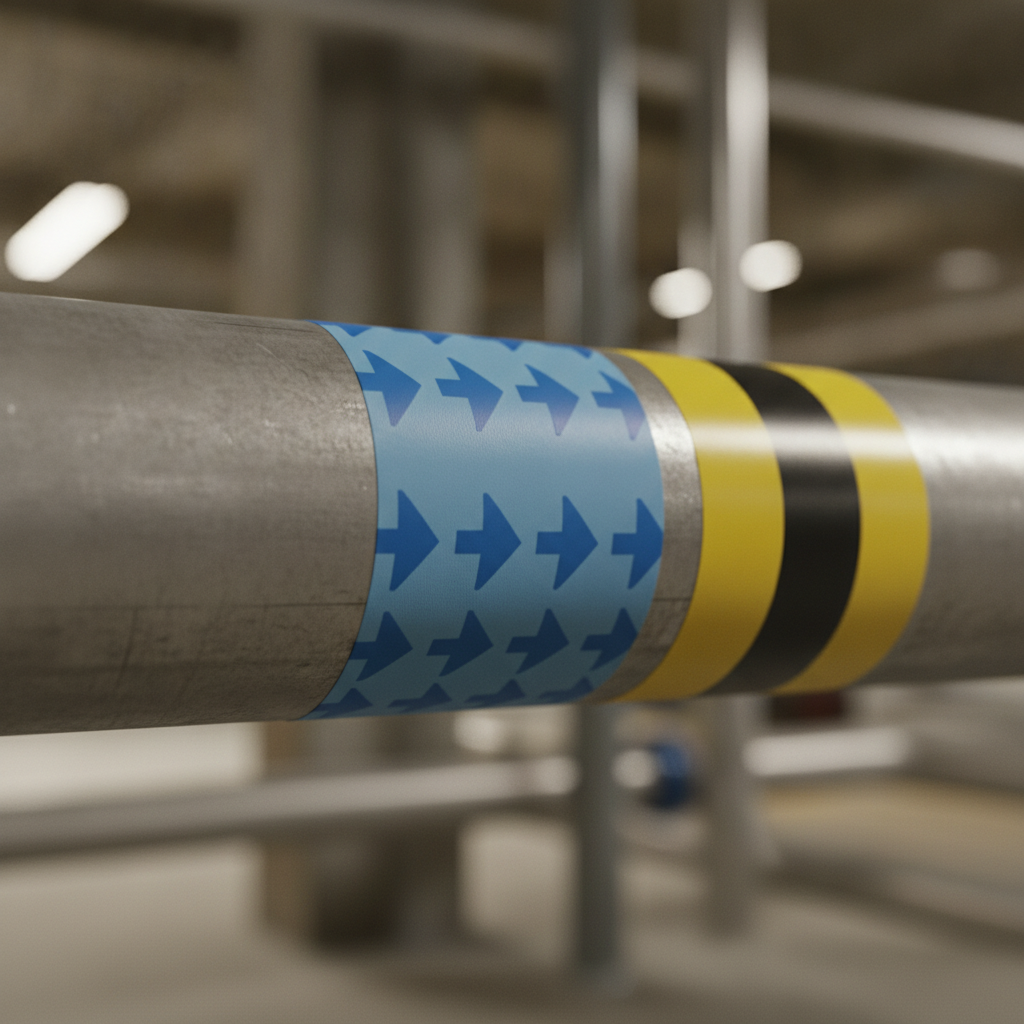 Close-up of pipe markers and flow arrow tape used with work health and safety signs for clear utilities identification