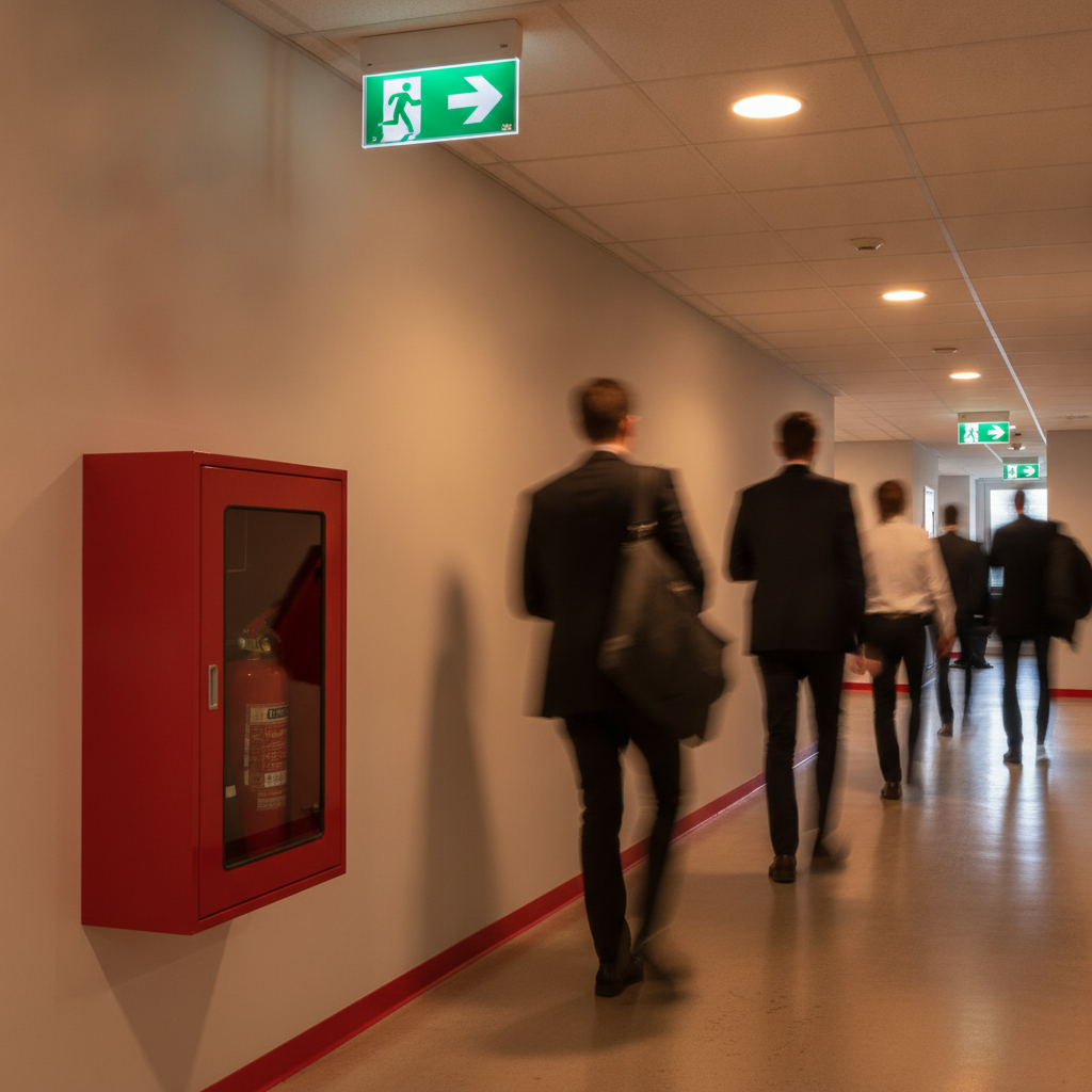 Emergency egress corridor with clear fire safety signage integrated into a work health and safety signs program