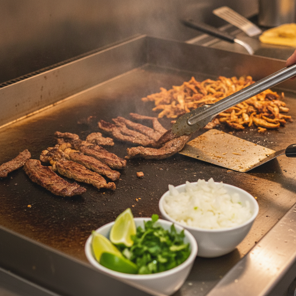 Close-up of grilled Mexican taco bar prep with charred meat, onions, cilantro, and lime for catering in Old Toronto