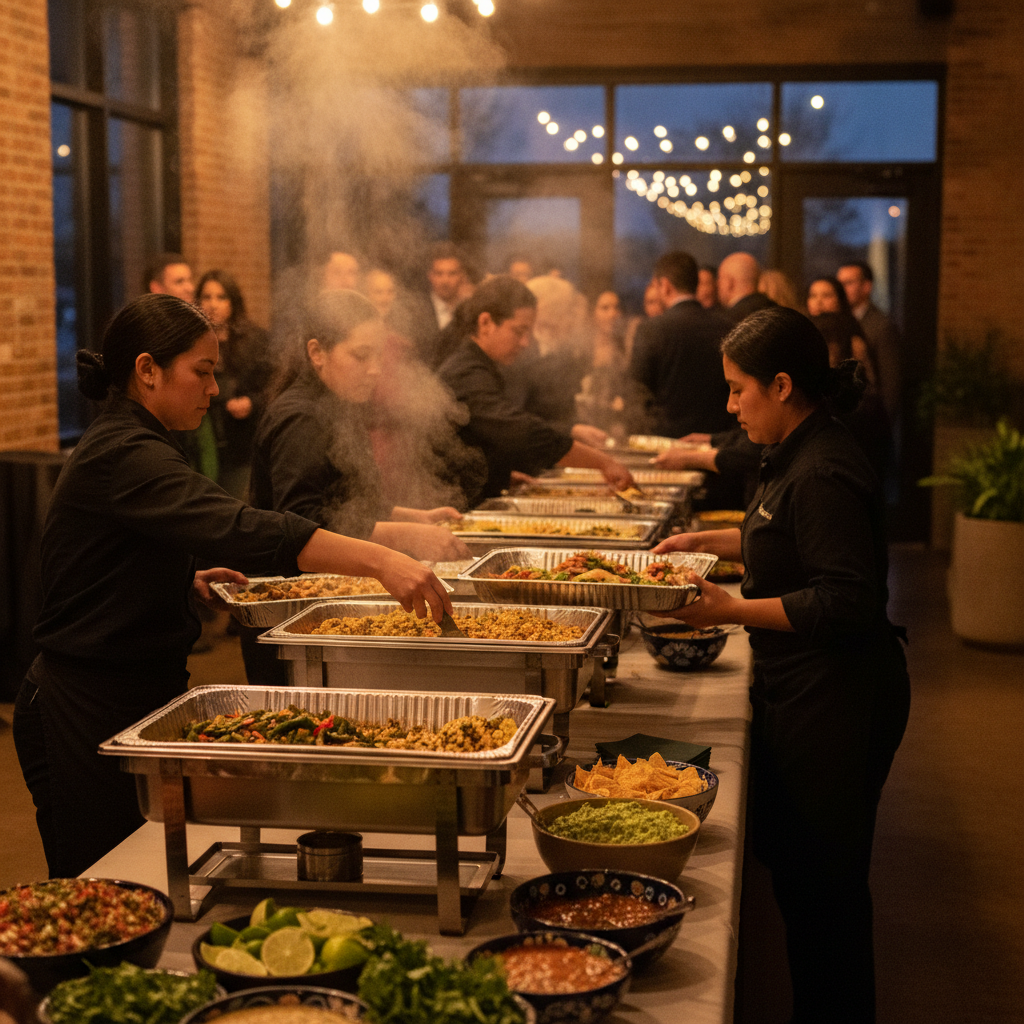 Catered Mexican buffet setup with steaming chafers and staff placing trays at an Old Toronto event