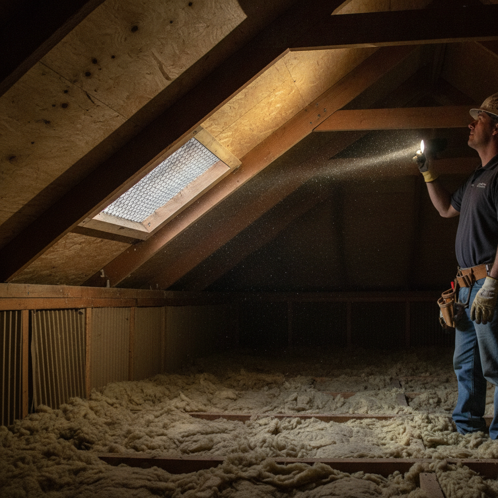 Attic structural inspection showing trusses, roof sheathing, and ventilation during a Toronto home review