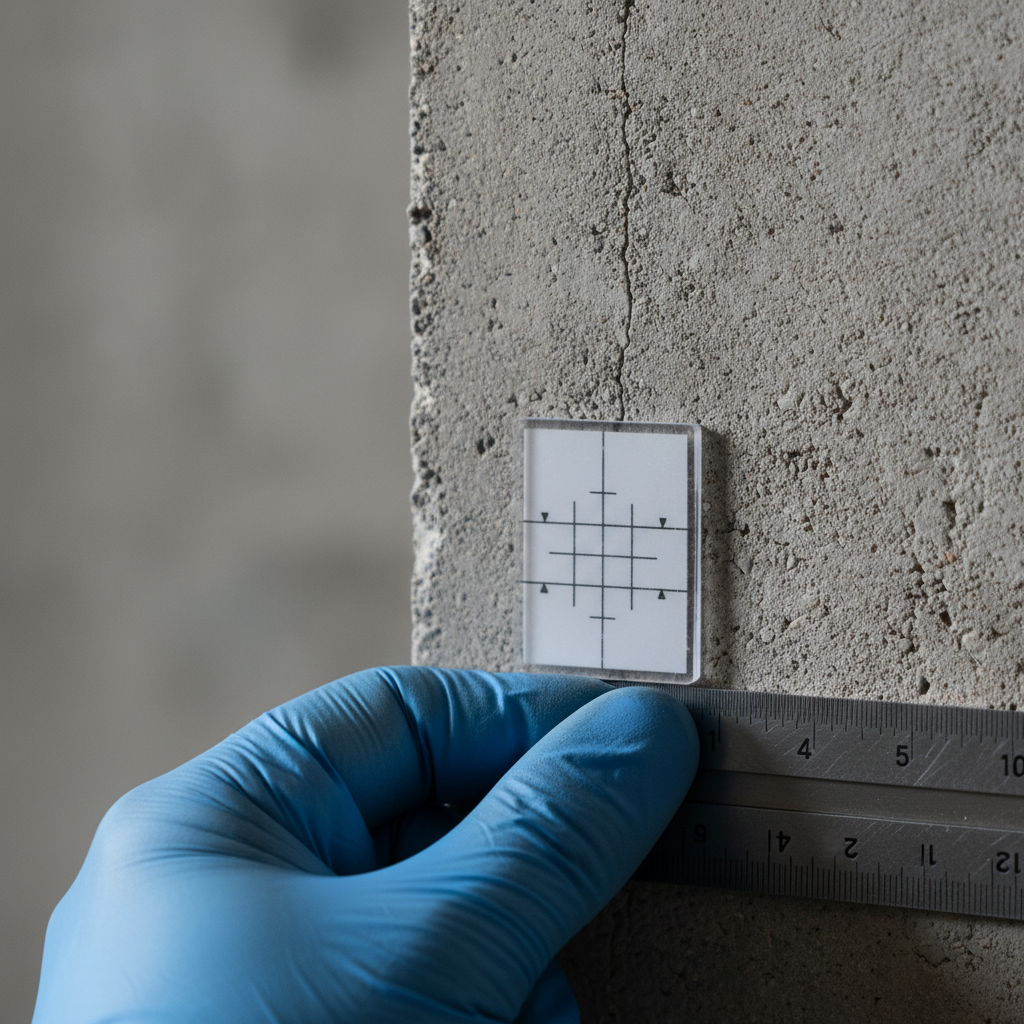 Inspector measuring a hairline foundation crack during a structural inspection in Toronto