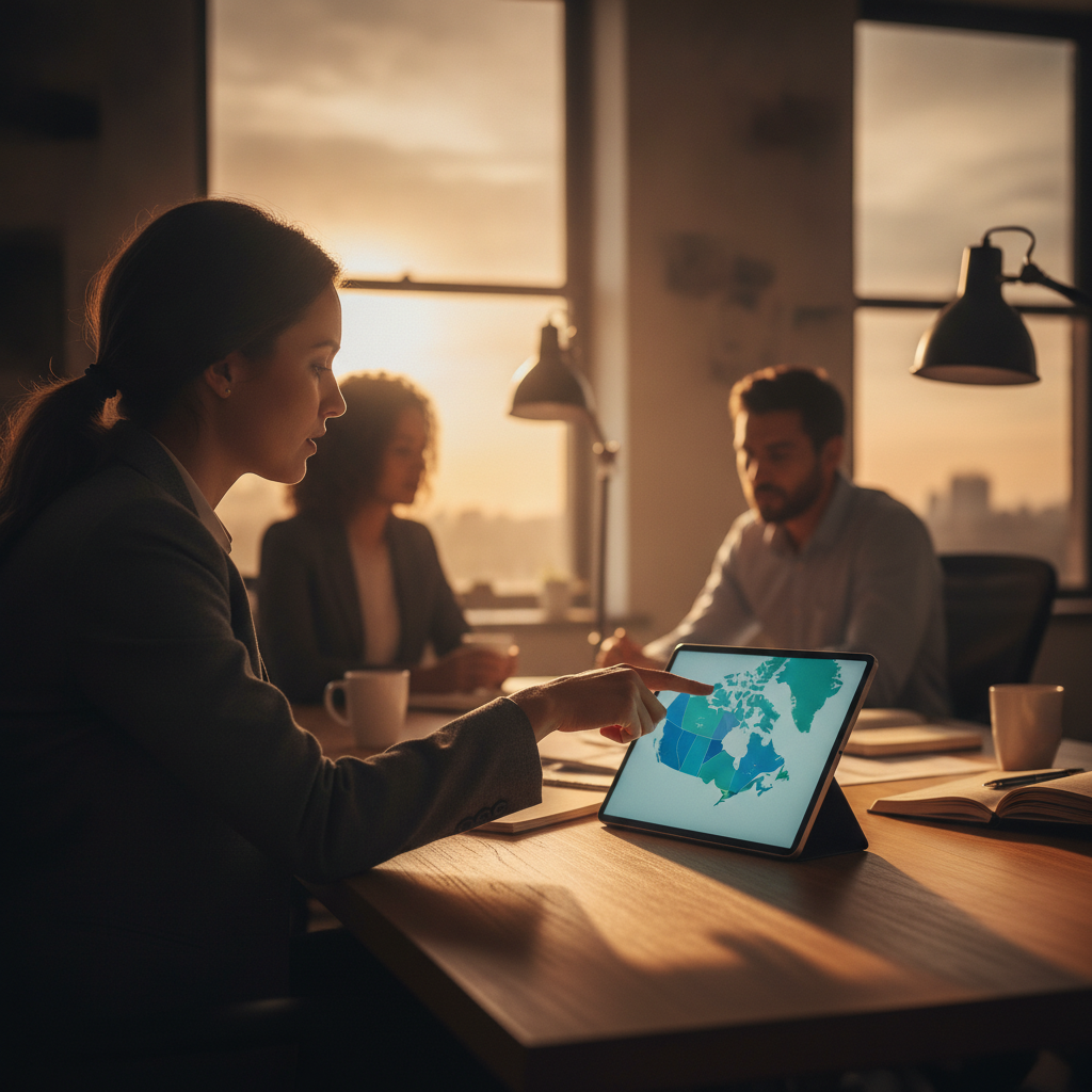Advisor pointing to a Canada map on a tablet to plan extra‑provincial registration for a Toronto business