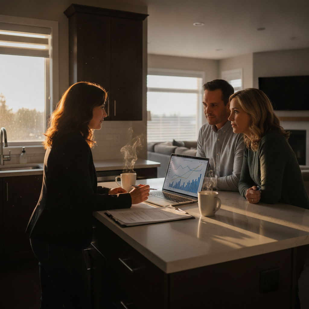 Edmonton REALTOR advising sellers on market timing and steps around a kitchen island during golden hour