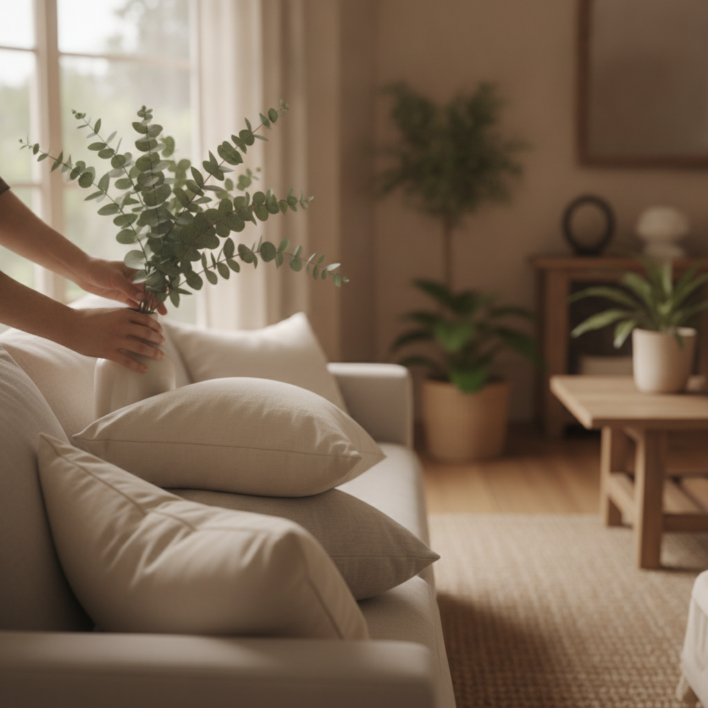 Staging detail in an Edmonton living room to speed the home seller timeline with neutral colours and fresh greenery