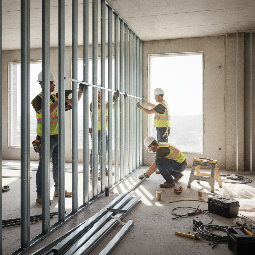 Contractors installing 25 gauge studs into slotted deflection track on an interior jobsite