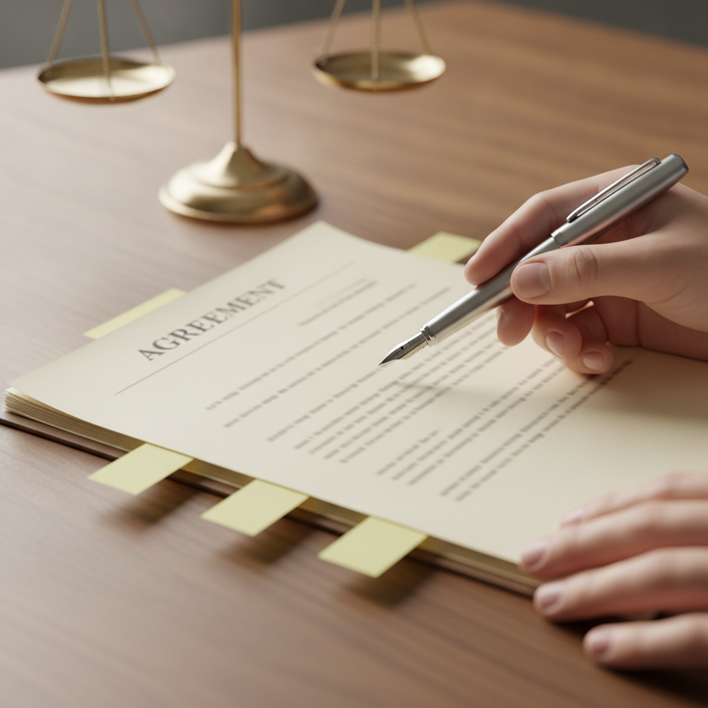 Independent legal advice close-up: hands reviewing an agreement and pen in an Etobicoke law office