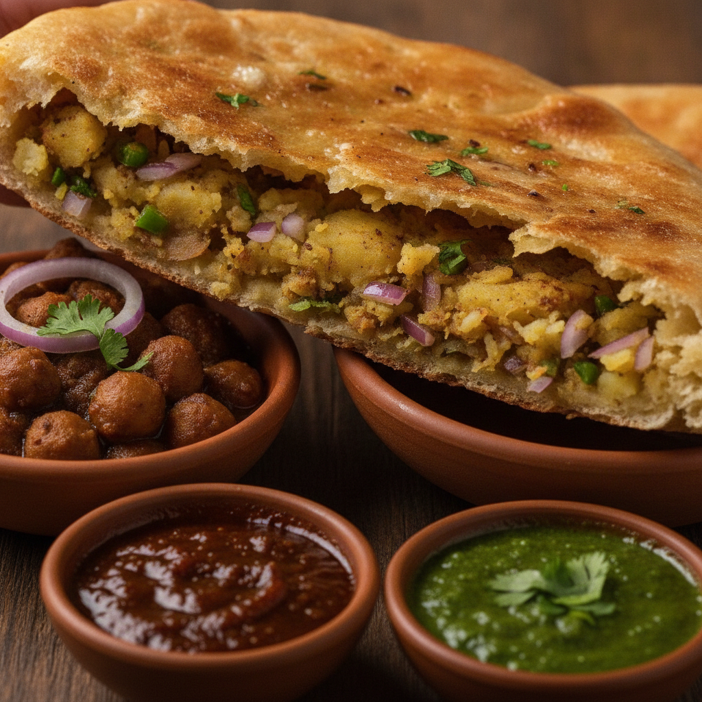 Close-up of Amritsari kulcha torn open with chole and chutneys — classic North Indian cuisine in Brampton