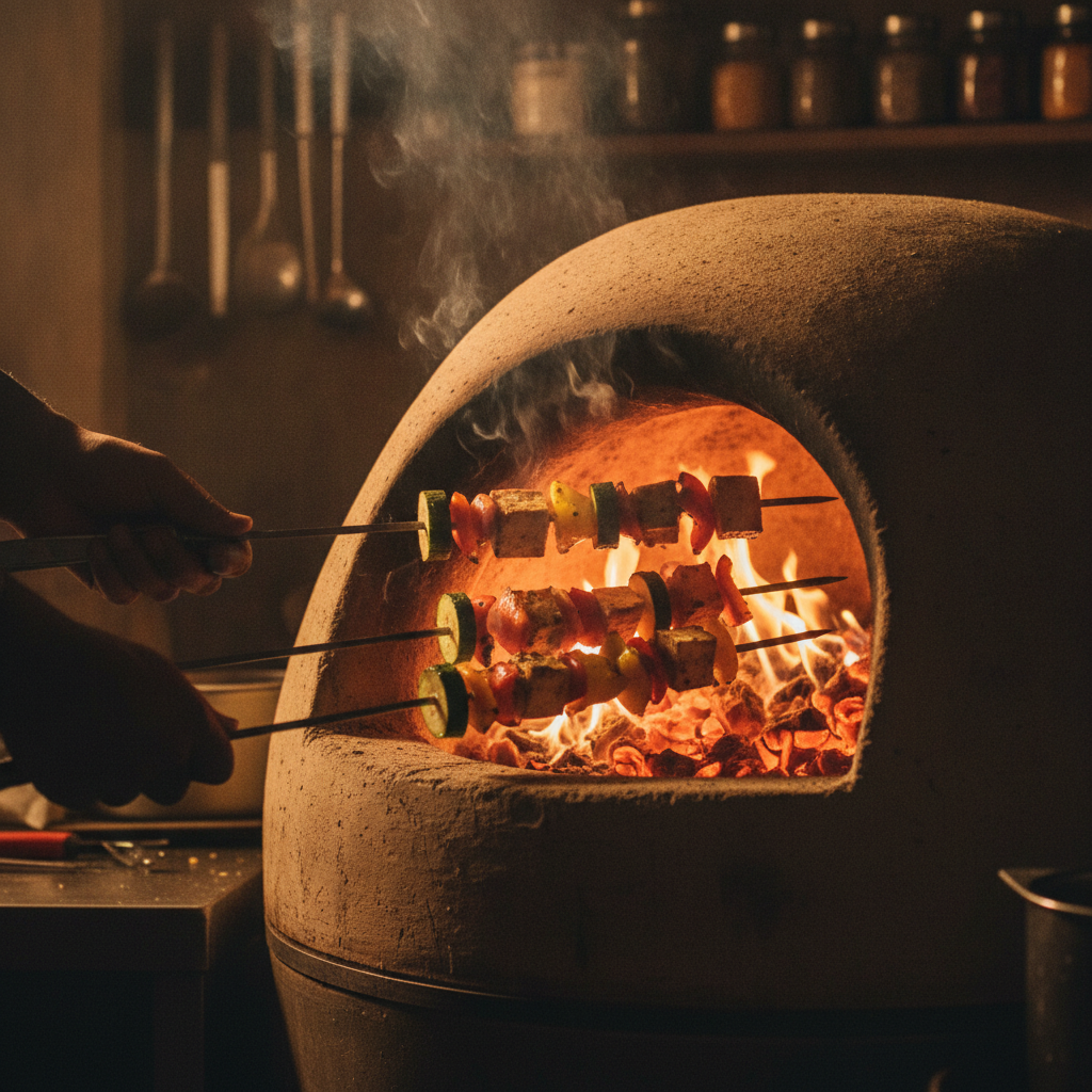 Paneer tikka skewers roasting over live coals inside a clay tandoor — authentic North Indian cooking technique