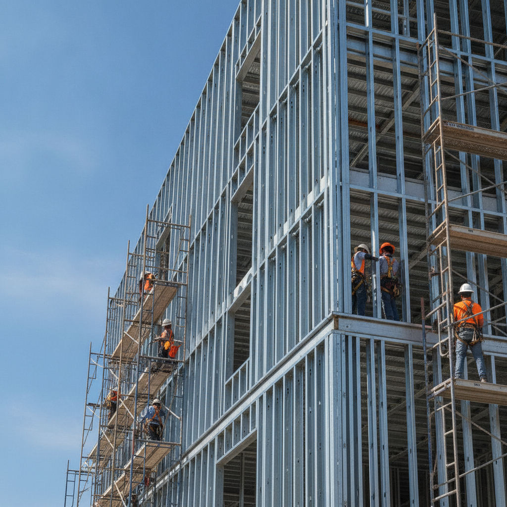 Side-angle of exterior light gauge metal framing showing deep track, bracing, and stud layout on a mid-rise build