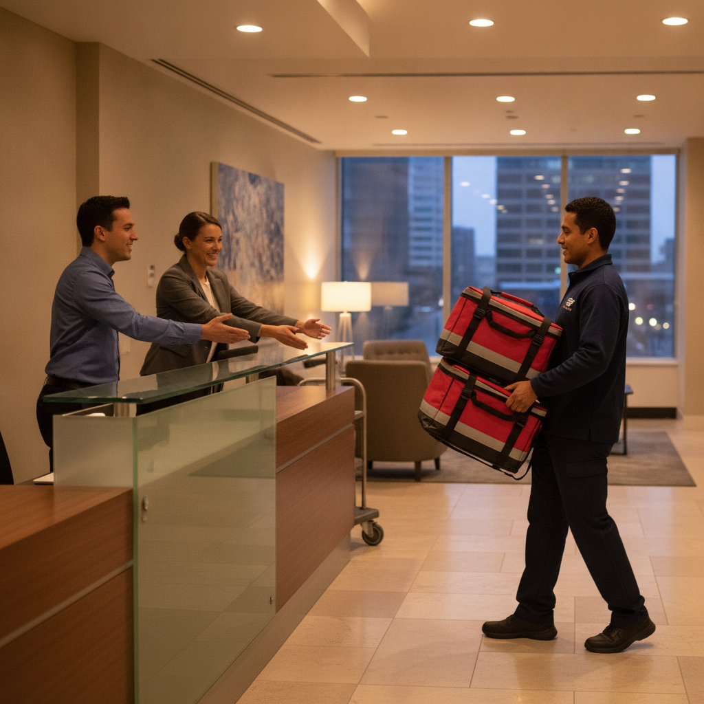 Courier delivering insulated catering bags to a Toronto office lobby for event catering services