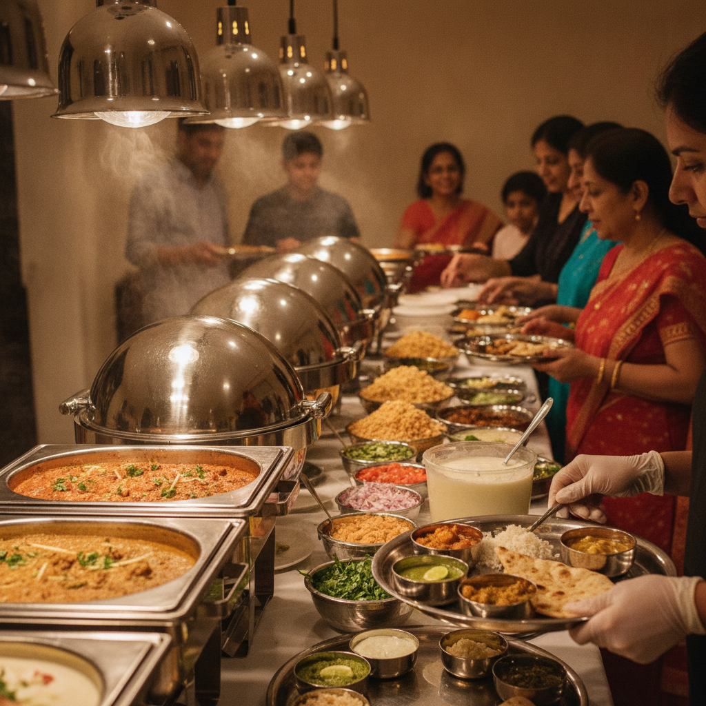 Indian catering scene with chaat station and thali service in Brampton