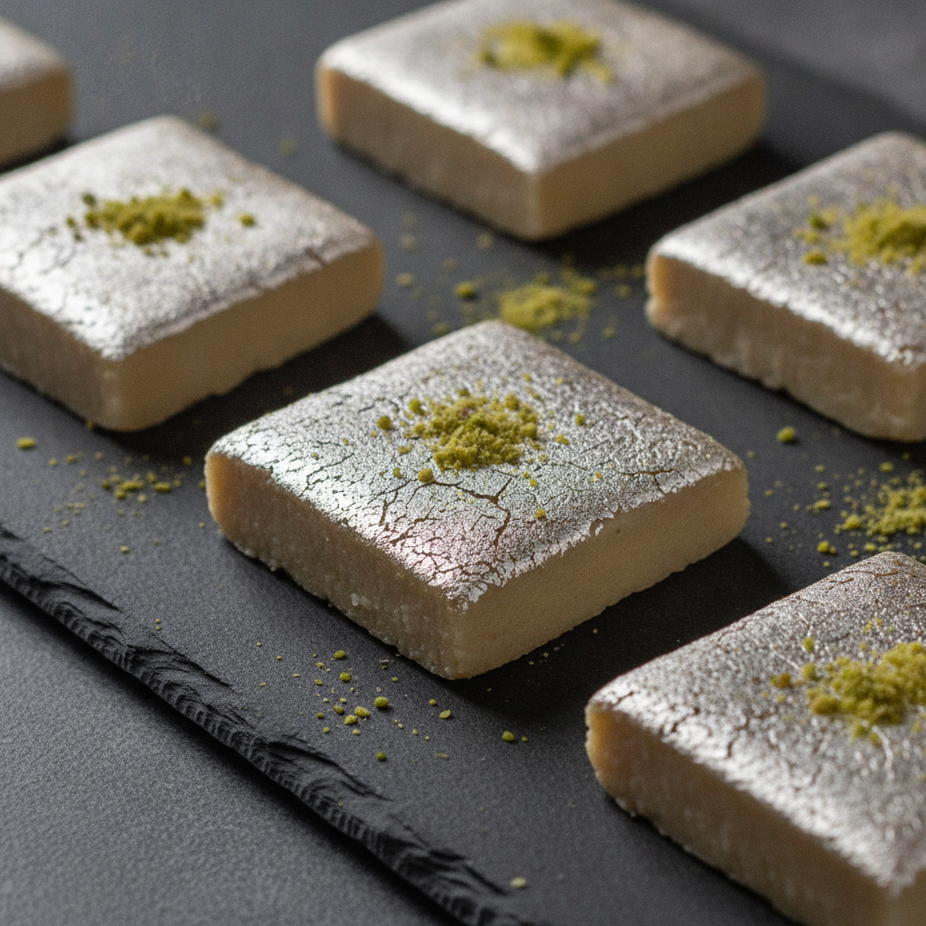 Close-up of kaju katli barfi with silver leaf, showcasing premium mithai texture