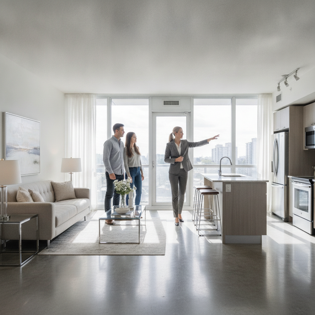 Couple touring a bright modern Brampton condo with their REALTOR during a calm weekday showing