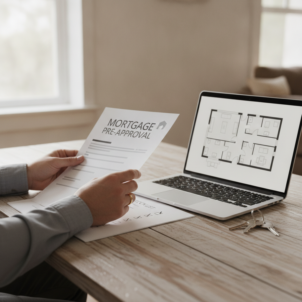 Close-up of a Brampton home buyer organizing mortgage pre-approval and a simple checklist next to house keys and floor plans
