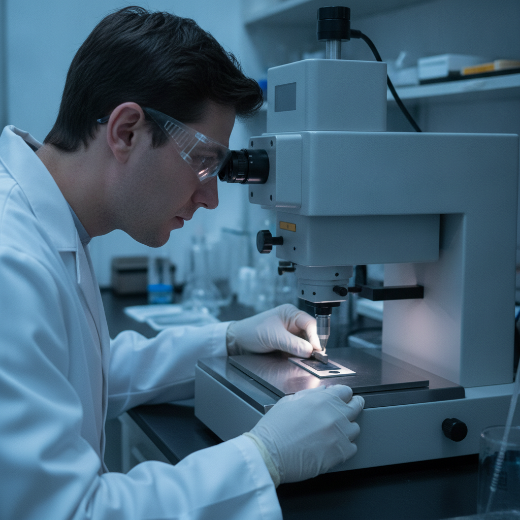 Quality control lab verifying microhardness on a PVD-coated coupon in a Woodbridge facility