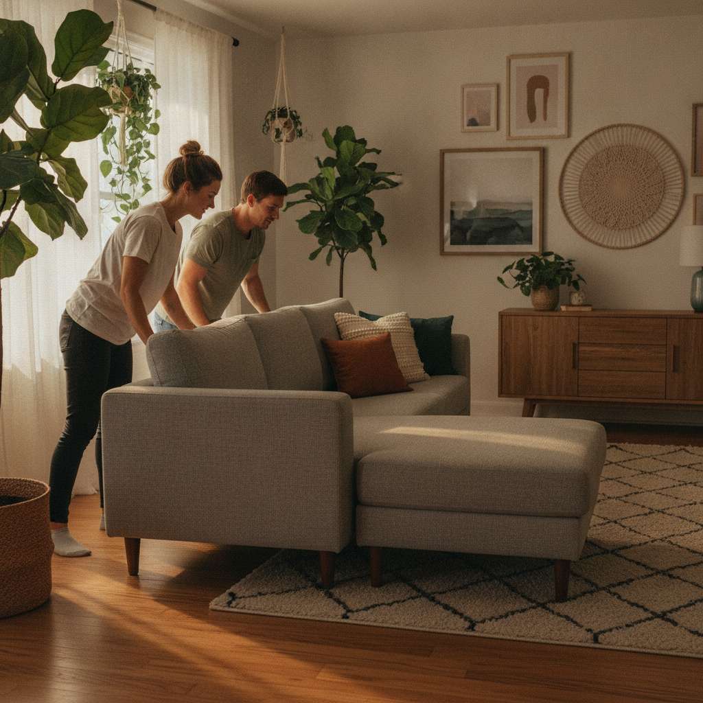 Lifestyle scene showing a couple reconfiguring a modular sectional sofa in a cozy living room