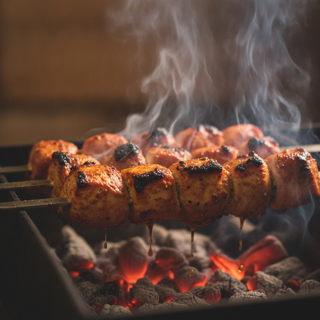 Close-up of chicken tikka skewers over coals showing char and juicy texture—tandoori dishes for first time diners