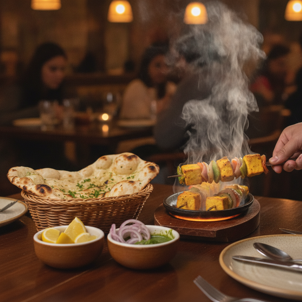 Paneer shashlik sizzler with garlic naan, lemon, onions, and mint chutney—balanced first tandoori meal layout