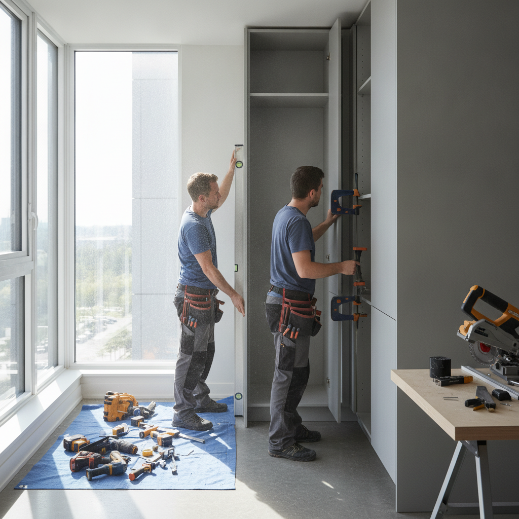 Kitchen Design Services in GTA: Build Your Dream Space 2 Installers aligning custom cabinets during a GTA kitchen renovation with clamps and levels for precise fit