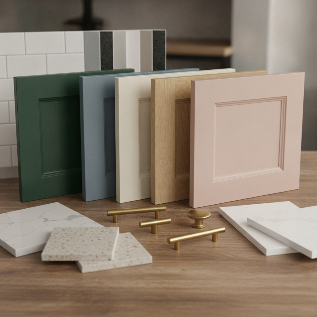 Kitchen Design Services in GTA: Build Your Dream Space 1 Detail samples for kitchen design services in GTA: cabinet door profiles, quartz, hardware, and backsplash swatches organized for selection