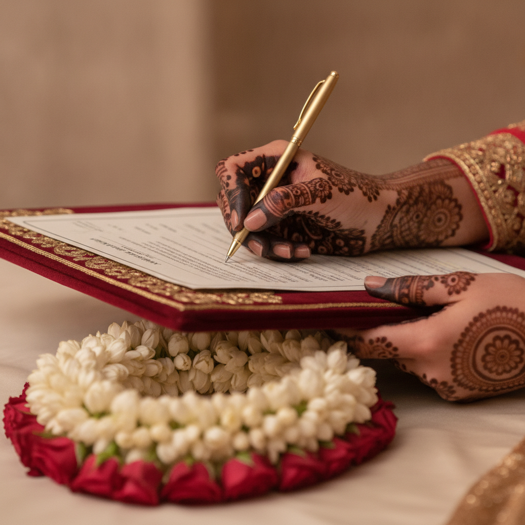 Nikah nama signing close-up with elegant florals during nikkah ceremony planning in Leicester