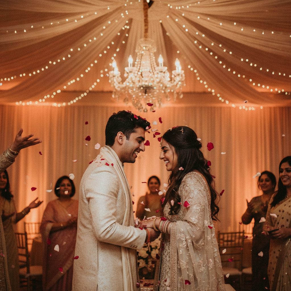 Family celebrating after a Leicester nikkah with warm lighting and elegant decor