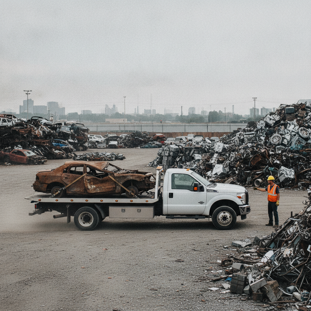 Pickup truck delivering a scrap car to an Etobicoke recycling yard, crew guiding the drop‑off