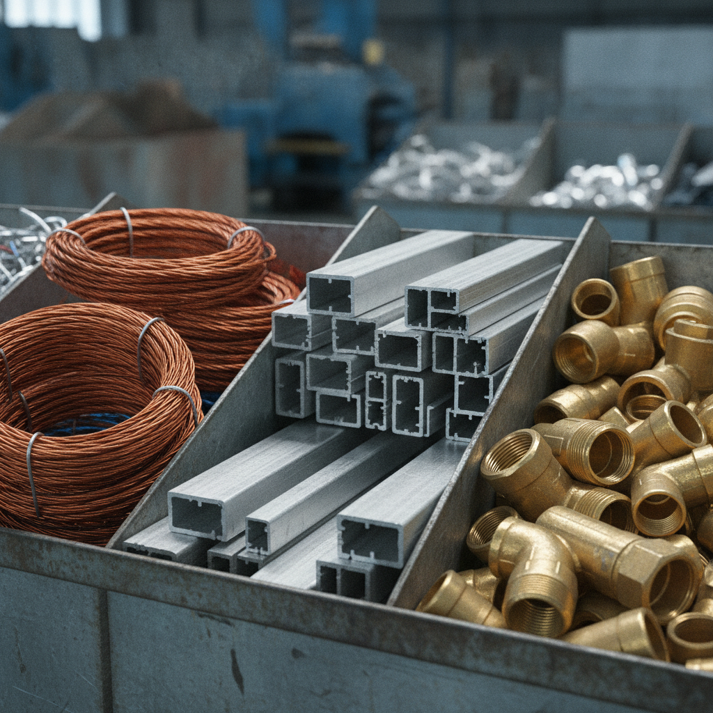 Close-up of sorted copper, aluminum extrusion, and brass fittings ready for recycling in Etobicoke