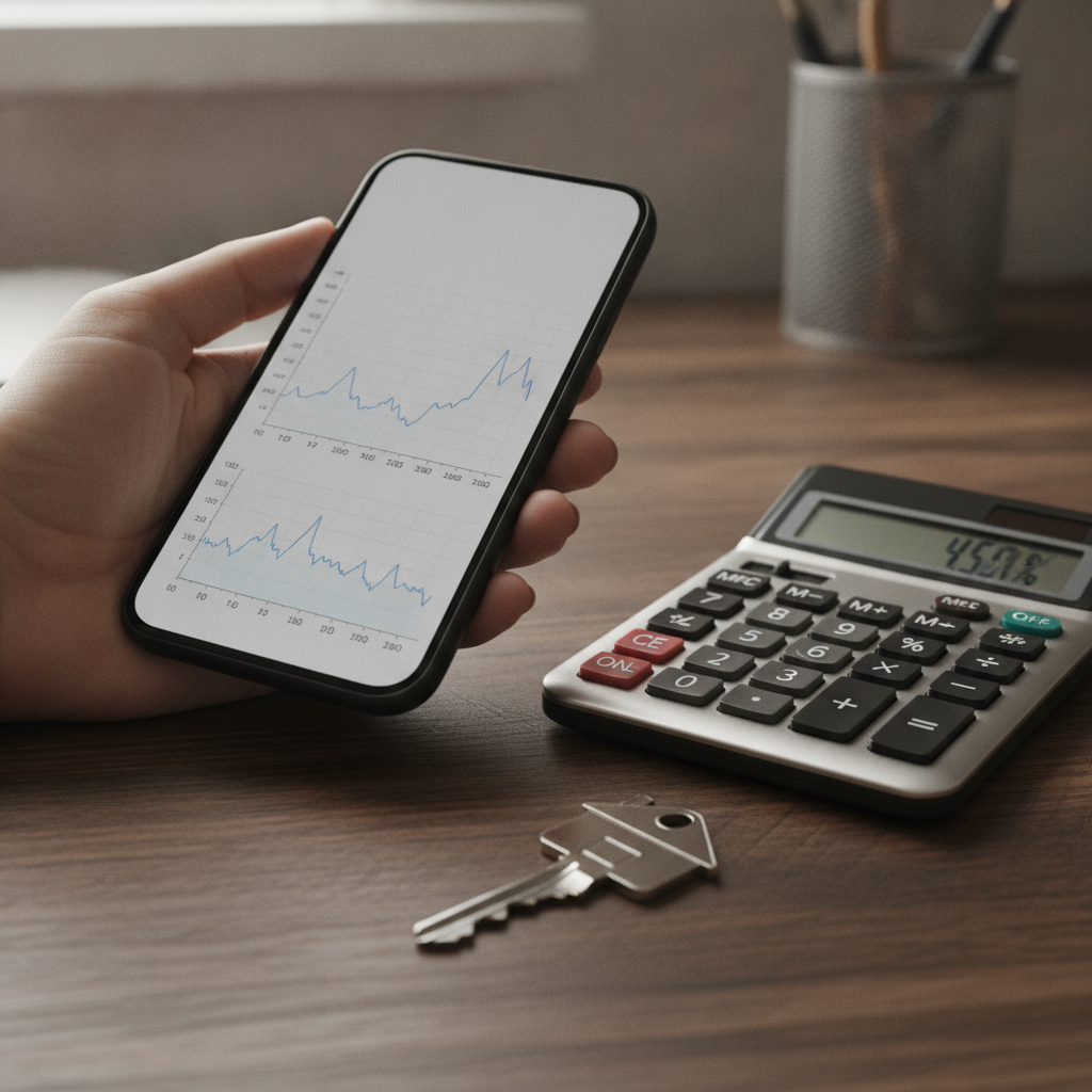 Close-up of phone with a mortgage rate trend next to a calculator, illustrating how rates drive buying power in Ontario