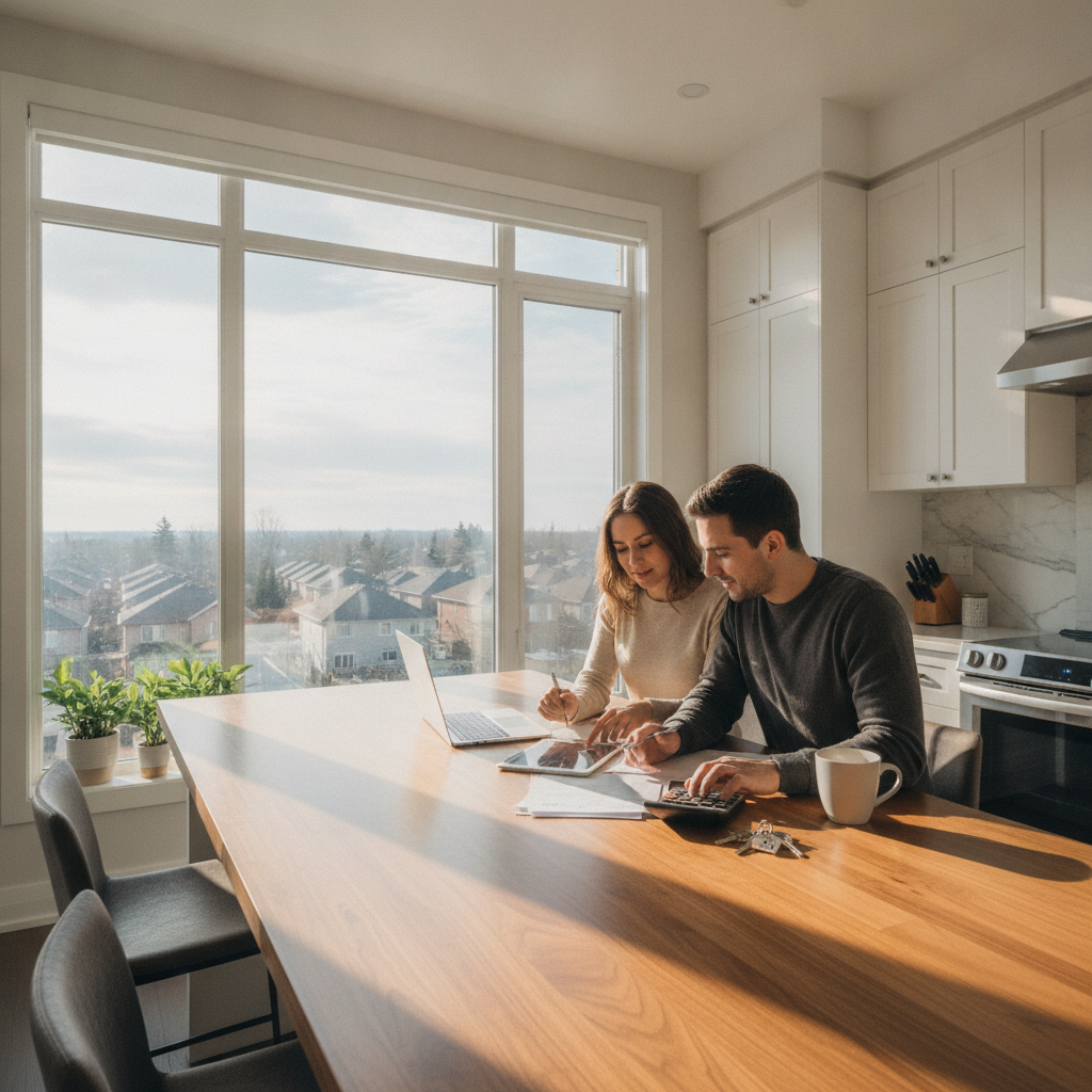 Mississauga buyers reviewing mortgage options at a kitchen table and discussing how mortgage rates affect buying power