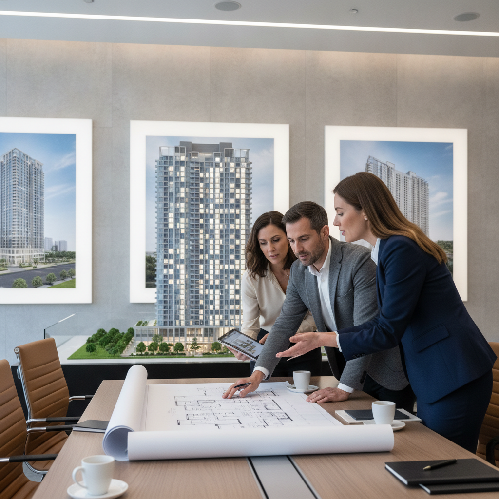 Agent reviewing pre-construction floor plans with clients in a sales center, connecting rates and buying power decisions