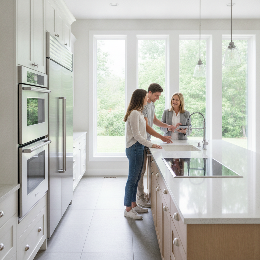 Couple touring a bright kitchen with a local Kitchener–Waterloo realtor