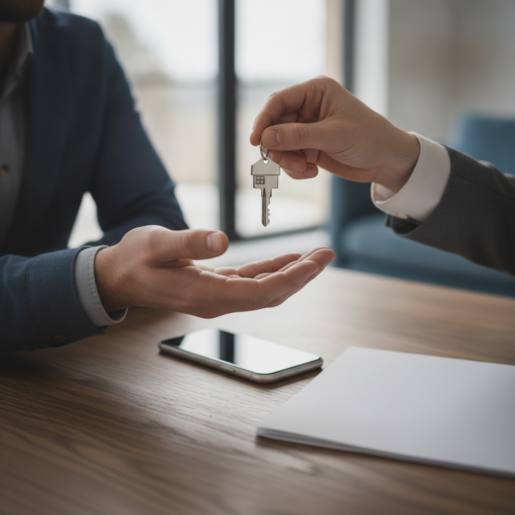 Realtor in Kitchener–Waterloo presenting keys to home buyers during closing