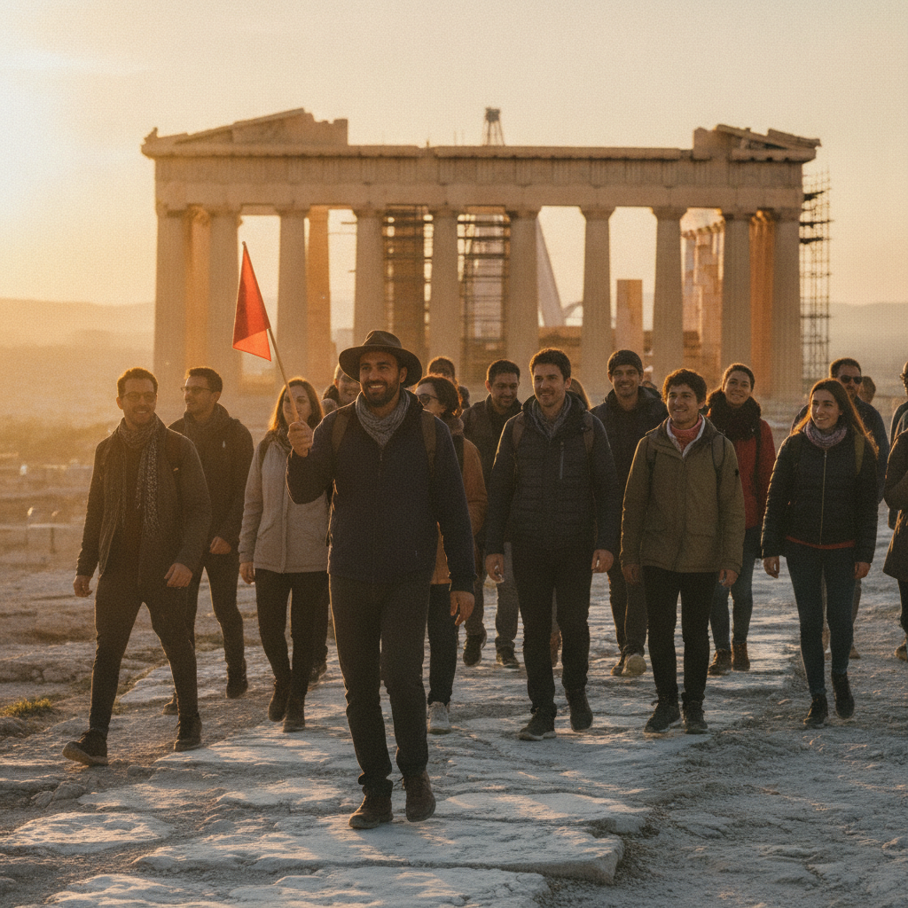 Guided group walking near the Parthenon on an Italy and Greece tour