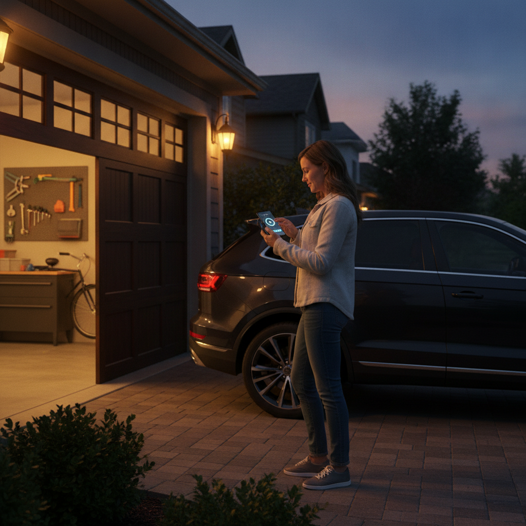 Homeowner using a smartphone to open a smart garage door in Brampton at dusk
