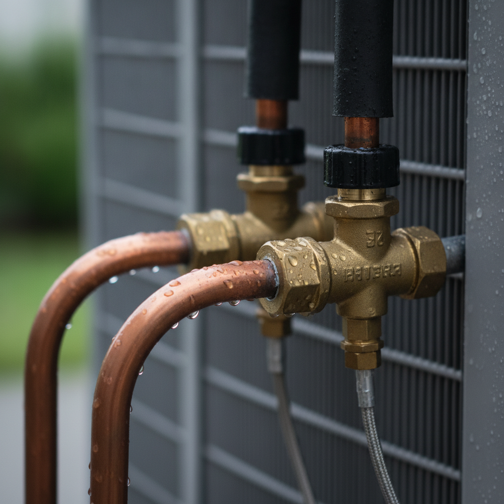 Close-up of AC condenser lines and service valves illustrating BTU and tonnage concepts for an air conditioner sizing guide